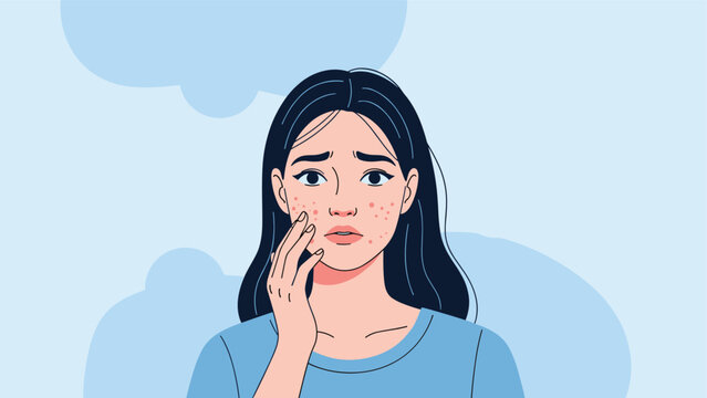 Distressed young woman with visible acne on her face, representing common skin problems and feelings of self-consciousness.