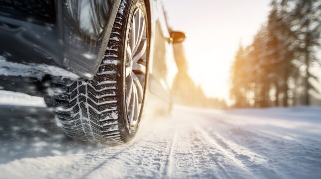 winter car tire driving on snowy road at sunset light