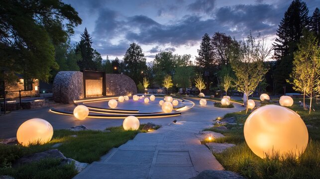 A serene garden illuminated by glowing orbs at dusk with a stone structure and pathway
