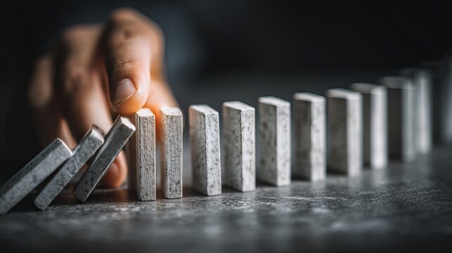 A hand about to trigger a falling row of dominoes on a dark surface