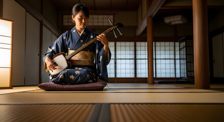 Obraz premium Young lady in traditional clothing sitting on floor while playing acoustic musical instrument in authentic wooden interior house with soft warm lighting