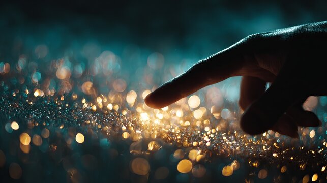 A hand reaching out to touch sparkling particles in a dark background with a glowing light