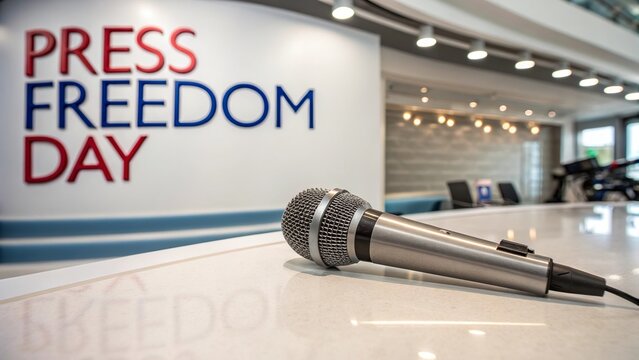 Microphone in modern newsroom representing press freedom and media communication.