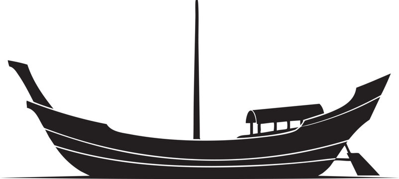Traditional asian rowing boat with a single mast and cabin structure