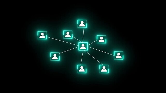 Organizational network structure with connected people icons on neon video, showing team collaboration, stakeholder mapping, social graph, and business communication on a light background.4k video