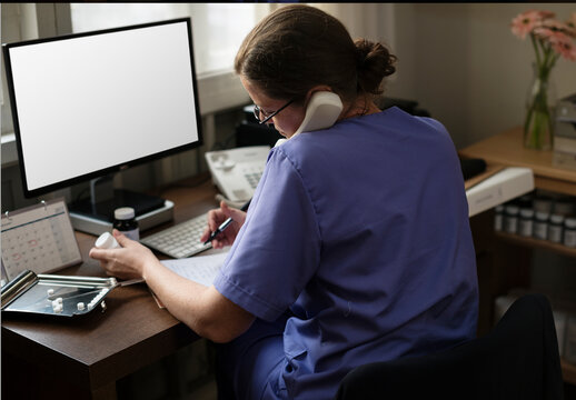 Nurse Multitasking In Office Desktop Screen Mockup PSD
