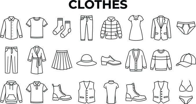 Clothing and fashion icons set with apparel garments shoes accessories and wardrobe elements minimal outline vector collection