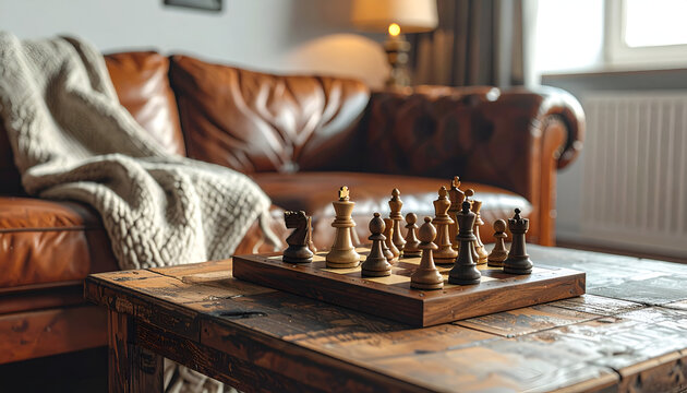 A chess set sits on a rustic wooden table in a warmly lit living room, complemented by a plush leather sofa and a cozy, inviting atmosphere.