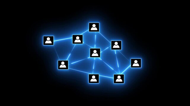 Organizational network structure with connected people icons on concept, showing team collaboration, stakeholder mapping, social graph, and business communication on a light background.4K video