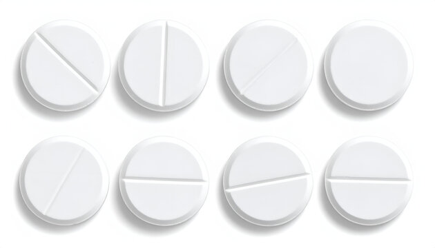 A top-down view showcases a collection of white pills arranged in a grid pattern against a clean white background, emphasizing their circular shape and scored surfaces.