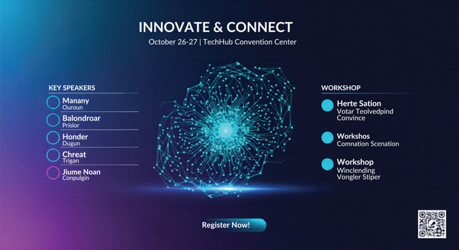 Futuristic technology conference landing page vector, innovate and connect event banner, digital tech workshop schedule with glowing network brain