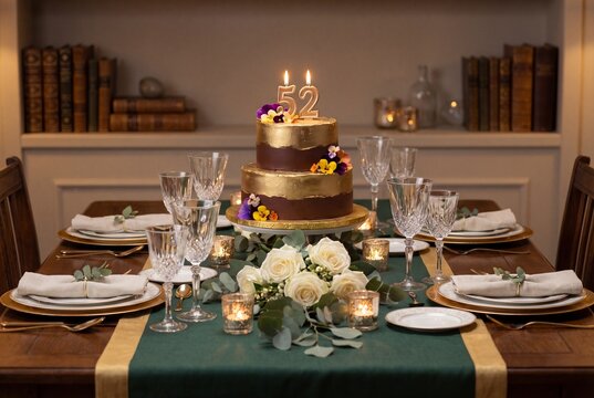 Elegant 52nd Birthday Celebration Cake on Decorated Dining Table