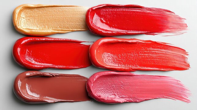 Color contrast photography, five vertically aligned lipstick swatches on a clean white background, showcasing a color gradient from shimmery light orange to classic red.