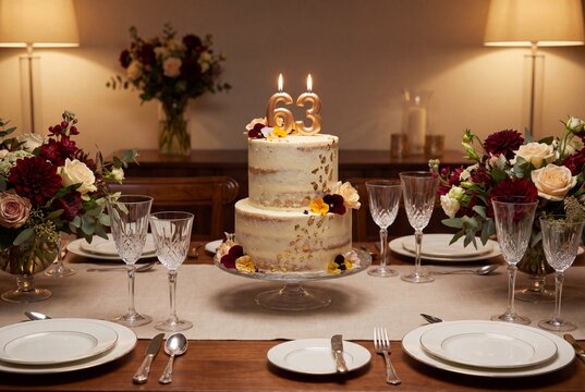 Elegant 63rd Birthday Cake on Festive Table with Flowers and Candles