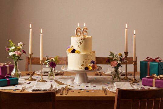 Elegant 66th Birthday Cake with Gold Candles on Festive Dining Table