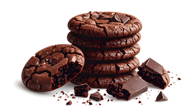 A stack of rich, dark chocolate cookies sits alongside scattered chocolate shards, presented against a clean white background, evoking a sense of indulgence and deliciousness.