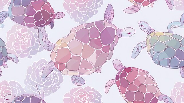 Flat turtle shell seamless repeat pattern, cute decorative nursery design with soft colors on white or pastel background for textile and surface print
