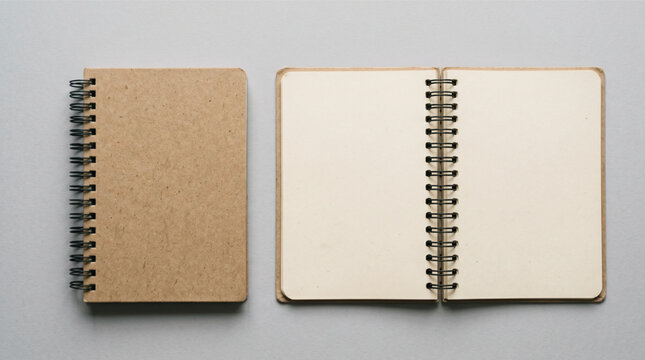 Spiral notebook mockup set featuring kraft paper cover closed and open with blank pages on a light gray background, minimalist stationery for office supplies, journaling, sketching, and branding.