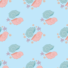 Fototapeta premium Seamless pattern with seashells, starfish and sand elements. Suitable for textile, fabric, packaging and surface design.