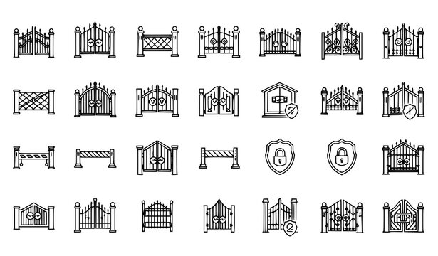Wrought iron security gate linear icon set vector