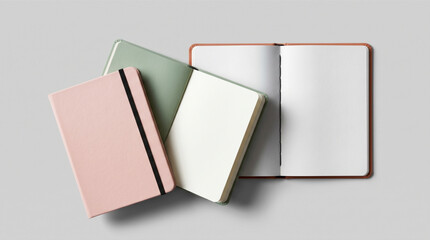 Notebook mockup set, collection of blank open and closed journals: pastel pink, sage green, orange. Stationery template for branding, school and office supplies, personal diary, sketch book, flat. © Itx Musa
