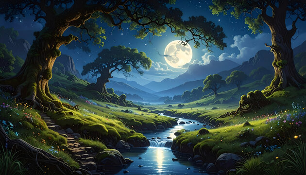A serene nighttime landscape showcases a winding river flowing through a lush valley, illuminated by a bright full moon and framed by ancient, gnarled trees.