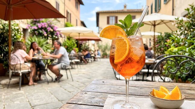 Glass of orange spritz cocktail with ice and orange slice on table at outdoor cafe. Group of woman and man sitting at table in background. Italian summer vacation and holiday leisure.