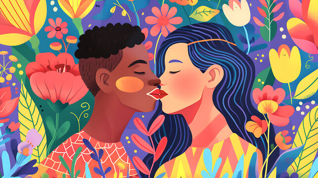 LGBT Couple in Love Kissing on Floral Background, Cartoon Vector Illustration