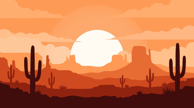 Desert landscape with cacti and sunset high-quality