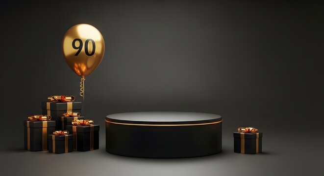 Golden 90th birthday celebration podium with luxurious decorations