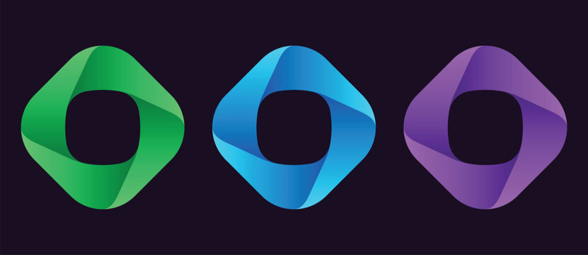 Set of glossy 3D twisted square loop icons with rounded corners in green, blue and purple gradient on dark background. Premium vector logo for technology, AI, crypto and corporate branding design.