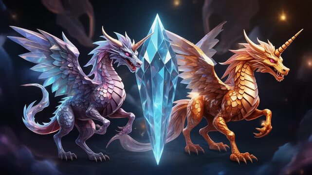 Mythological creatures (dragons, phoenixes, unicorns) with futuristic or transparent crystals