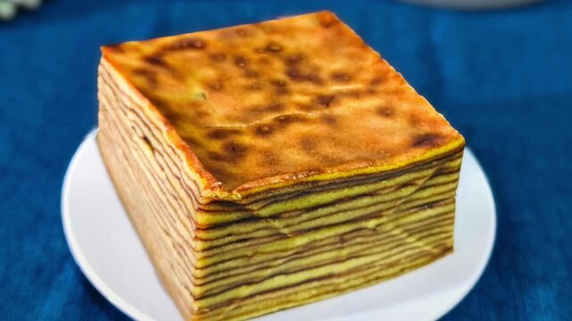 Indonesian Lapis Legit Layer Cake or Spekkoek on White Plate, Traditional Authentic Thousand Layers Spiced Butter Cake for Festive Celebration, Eid Al-Fitr, Lunar New Year, Food Photography Concept