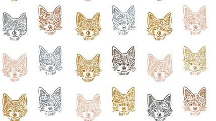 Fototapeta premium Minimal line art fox faces seamless pattern, cute nursery style decorative repeat design with soft pastel colors on white background for textile and surface print