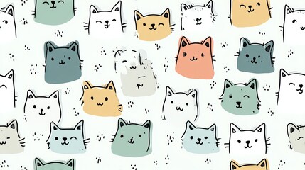 Fototapeta premium Minimal line art fox faces seamless pattern, cute nursery style decorative repeat design with soft pastel colors on white background for textile and surface print