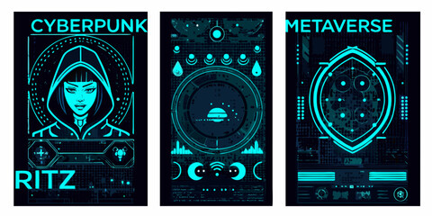 Cyberpunk and metaverse themed digital art panels with glowing neon designs © BidhanChandra