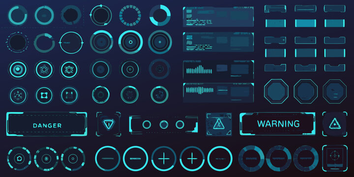 Collection of futuristic user interface elements in a glowing cyan hue