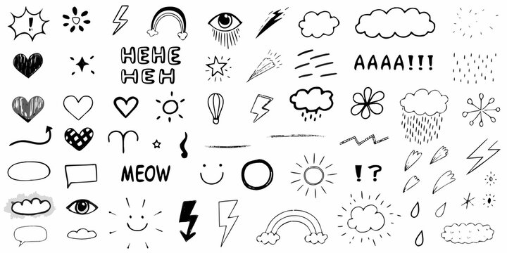 Collection of hand drawn doodle elements and whimsical black ink sketches
