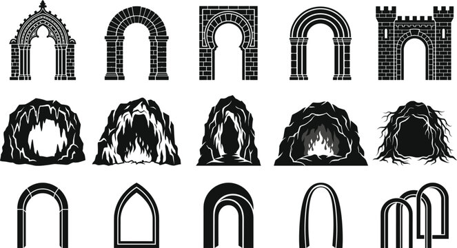 Arch doorway cave entrance set, medieval portal collection, stone tunnel silhouettes, vector design pack bundle icons