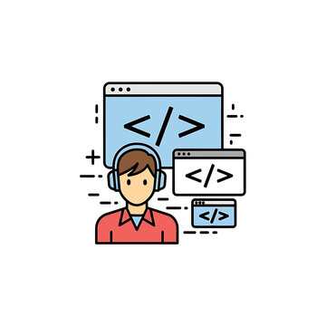 Software Developer with Headset and Coding Windows Illustration