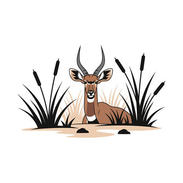 Vector illustration of a horned sitatunga antelope in marsh reeds