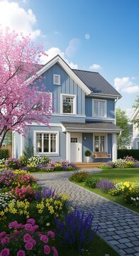 Charming blue house with vibrant flower garden and blooming cherry blossom tree on a sunny day