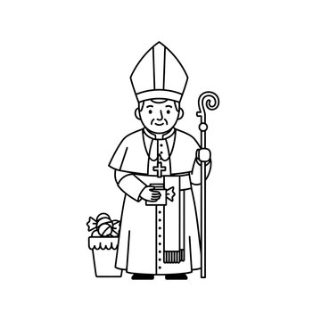 Saint Nicholas Line Art Illustration with Staff and Treats