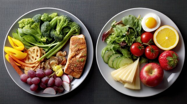 Two plates side by side with colorful nutritious food and balanced healthy meals