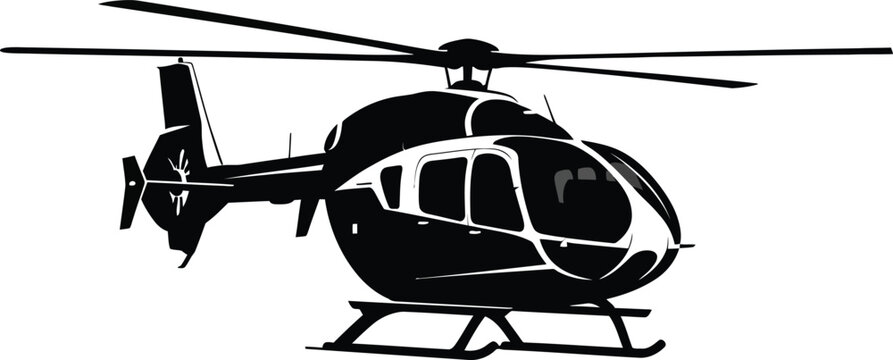 Black and white silhouette of a modern helicopter with rotor blades and landing skids aircraft aviation