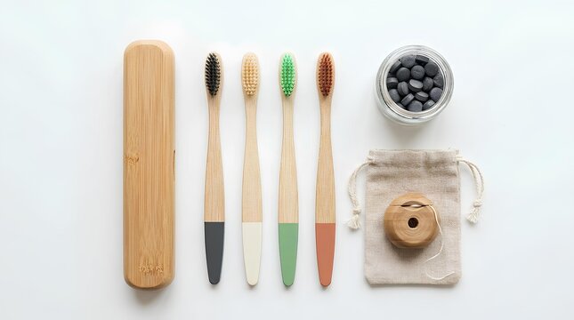 Bamboo toothbrush set, eco friendly, minimalistic flat lay, isolated on white