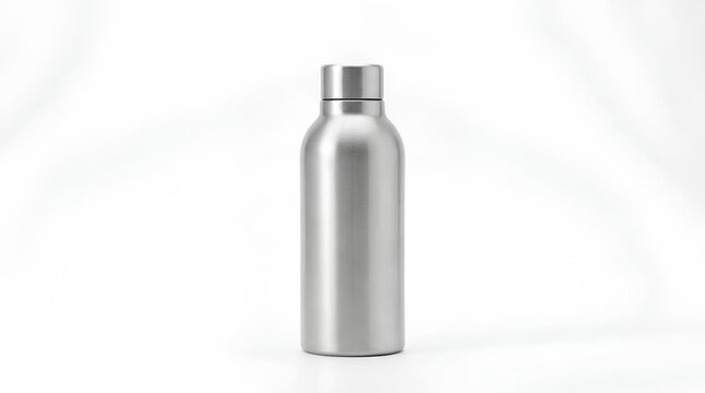 Silver metal water bottle, matte finish, centered, studio lighting, pure white background