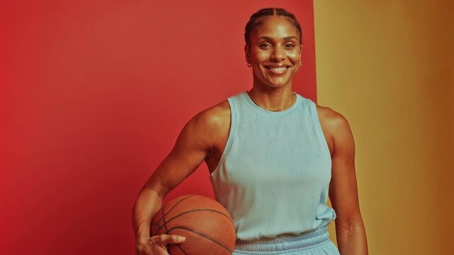 Athletic woman with basketball on a vibrant dual-tone background. A confident female athlete poses with a basketball