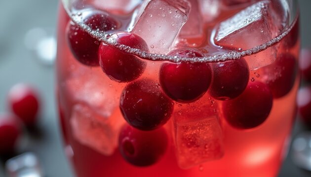 Cold cherry cocktail in a glass. Refreshing fruit drink with ice cubes for summer party. Vibrant beverage with fresh berries for celebration, hydration and social gathering menu.