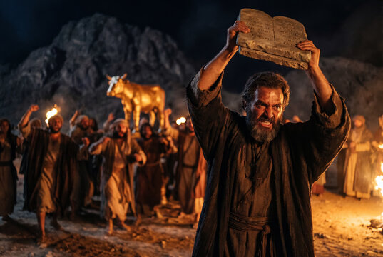 Moses Smashes the Stone Tablets of the Ten Commandments Before the Golden Calf, Exodus Biblical Scene